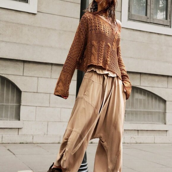 Brown Casual Women's Loose Fit Boat Neck Vacation Sweater - Picture 3 of 8